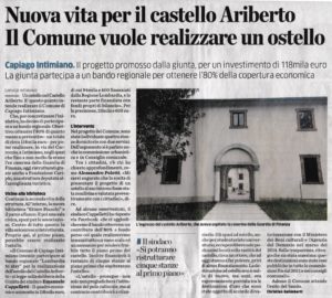 Articolo de La Provincia del 21 agosto 2019: Ostello nel Castello di Ariberto a Capiago Intimiano